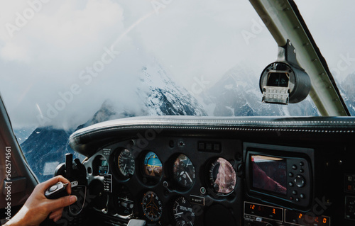 Mountains seen from cockpit of airplane, Denali National Park, Alaska, USA photo