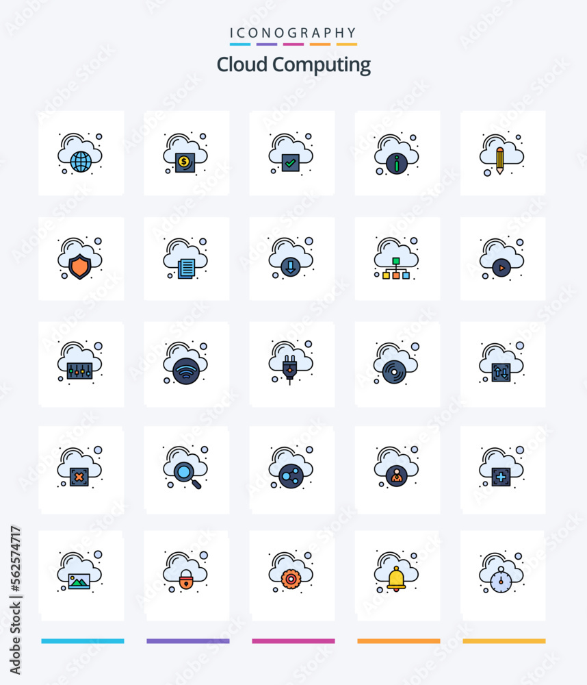 Creative Cloud Computing 25 Line FIlled icon pack  Such As edit. up. check. server. cloud