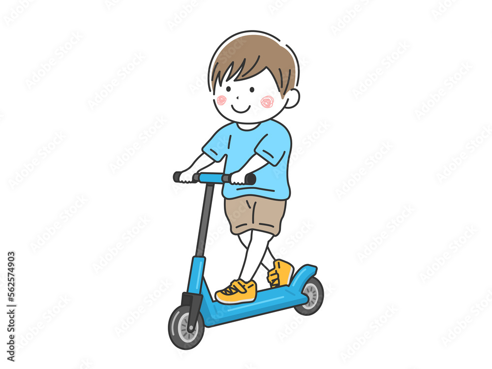 キックスケーターに乗る、男の子のイラスト