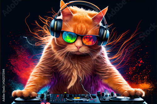 ginger dj cat with sunglasses and headphones playing music,generative ai 