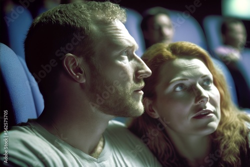 Close middleage couple watching a movie sitting in a cinema, intimate, beautiful white Caucasian blonde or light red hair man with beard and woman paying attention, made with AI Generative