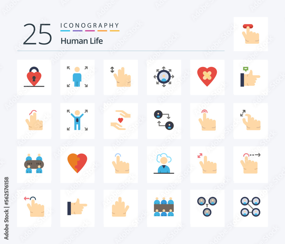 Human 25 Flat Color icon pack including thumbs up. bubble. swipe. patch. heal