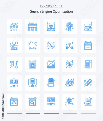 Creative Seo 25 Blue icon pack Such As box. storage. monitoring eye. server. quality