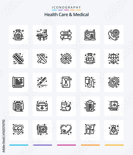 Creative Health Care And Medical 25 OutLine icon pack Such As medical. call. band. treatment. medical