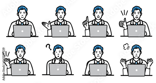 ラップトップの前に座っている白衣を着た若い男性医師の仕草、ジェスチャーのセット
