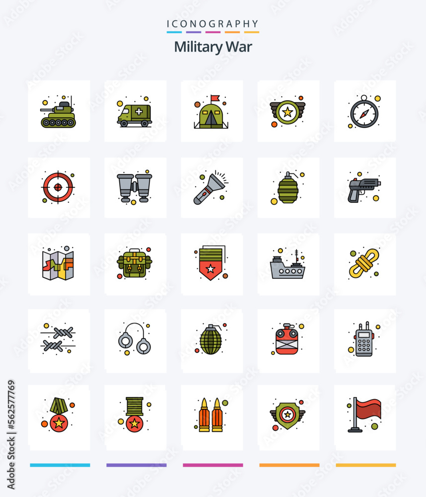 Creative Military War 25 Line FIlled icon pack  Such As time optimization. military. army. military. army