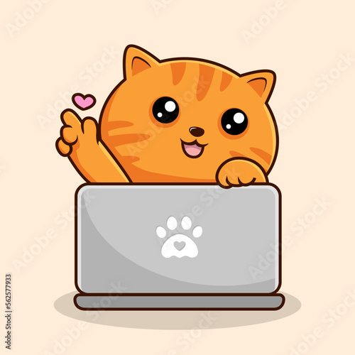 Orange Tabby Cat Playing Laptop Cartoon Love Hand Paws - Orange Striped Pussy Cat Kitty Vector