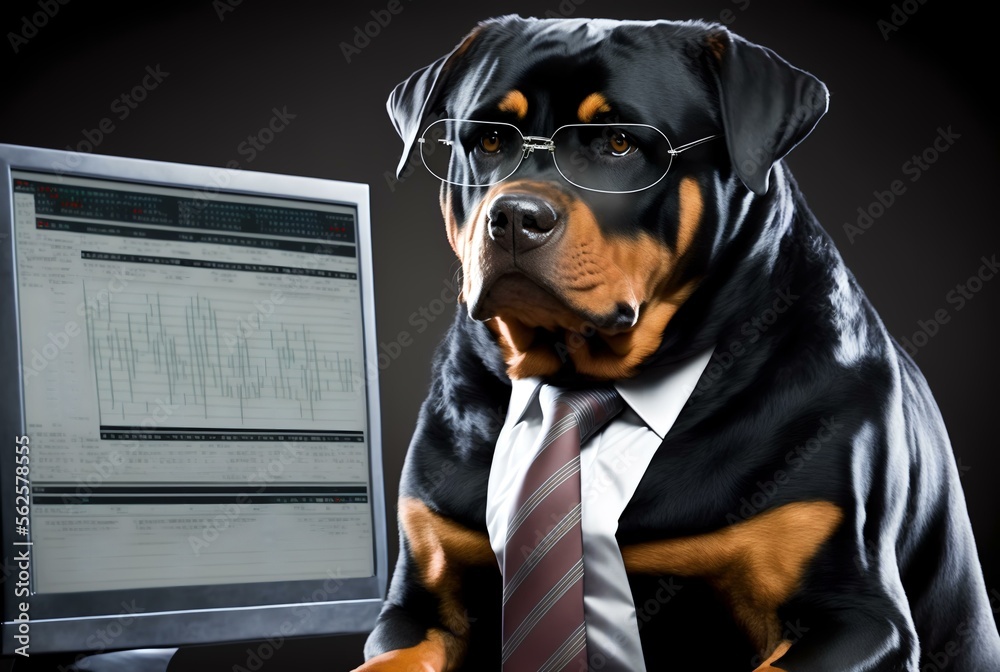 Rottweiler wearing a dark suit and tie, sitting in front of a computer ...