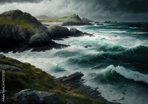 irish coastline with rural rocks and beautiful ocean created with Generative AI technology