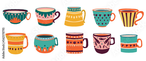 Hand drawn set of various cups with tea or coffee. vector. Side view. Flat design.
