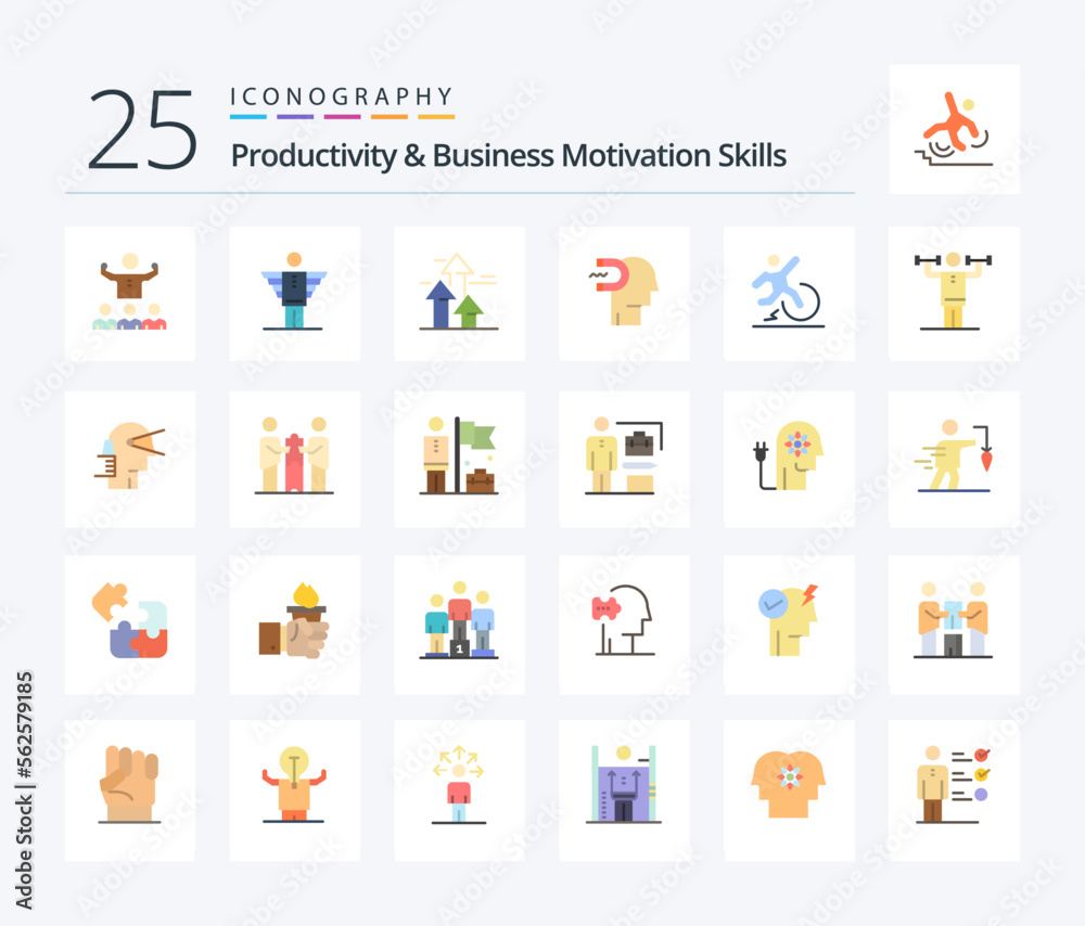 Productivity And Business Motivation Skills 25 Flat Color icon pack including human. power of influence. freedom. limits. breaking