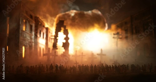 Nuclear war apocalypse concept. Explosion of nuclear bomb in city. Cemetery on ruined city street. Creative artwork decoration in dark. Selective focus