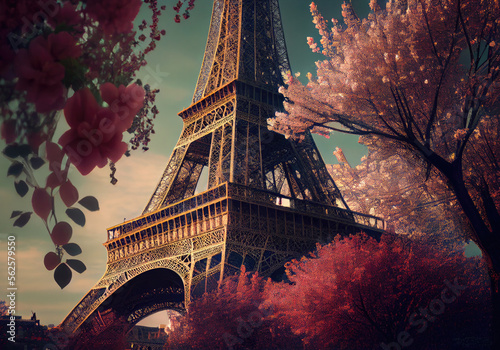 beautiful paris painting with pink blossoms created with Generative AI technology © Robert Herhold