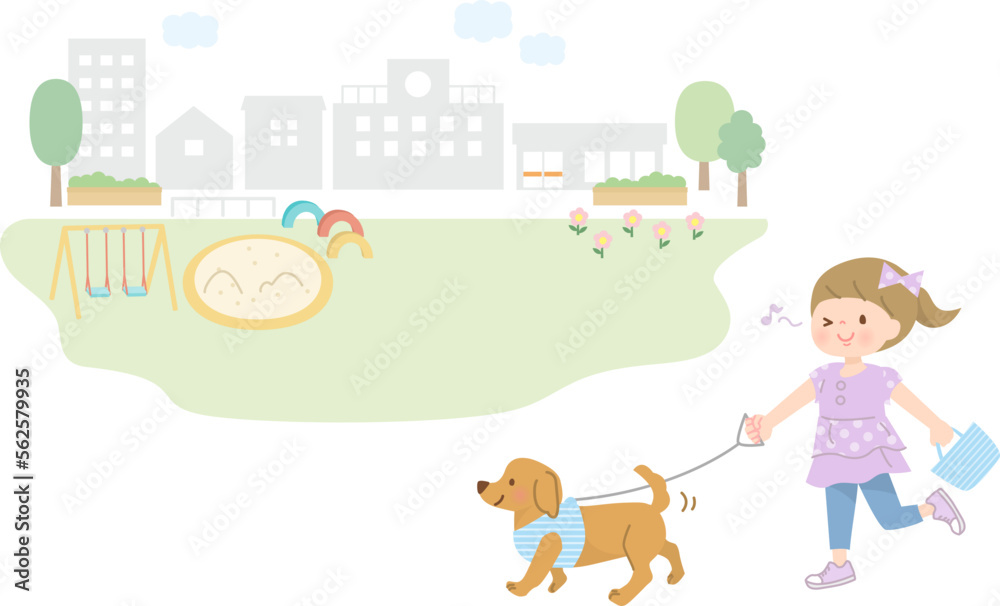 公園で犬の散歩をしている女の子