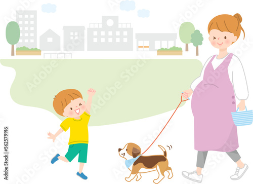 妊婦中のママと犬の散歩をしている男の子のイラスト