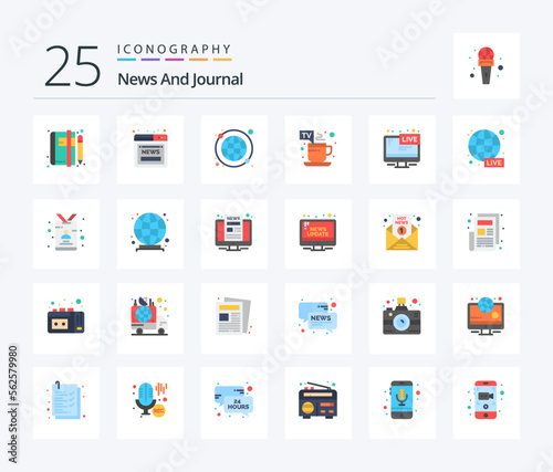 News 25 Flat Color icon pack including tv. tea. web. hot. world wide