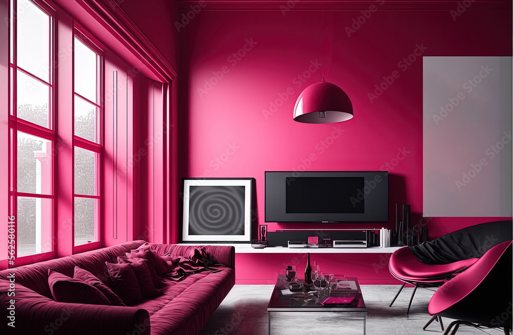 Wide angle shot of Casual living room on Trendy Pantone 18-1750 viva  magenta color. Generative AI Illustration Stock | Adobe Stock