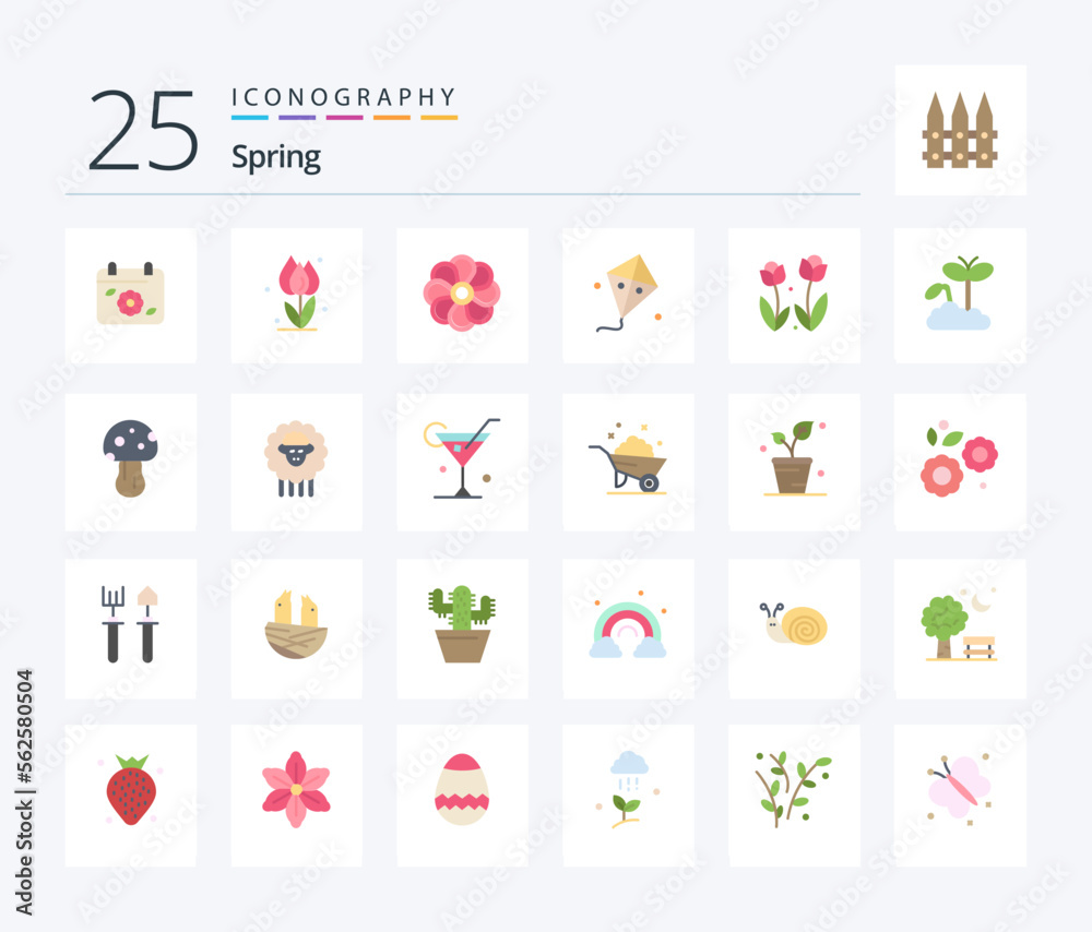 Spring 25 Flat Color icon pack including flora. kite. rose. easter. spring