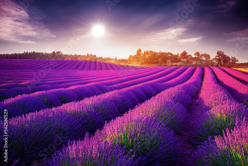 Field with rows of lavender flowers at sunset. Generative AI