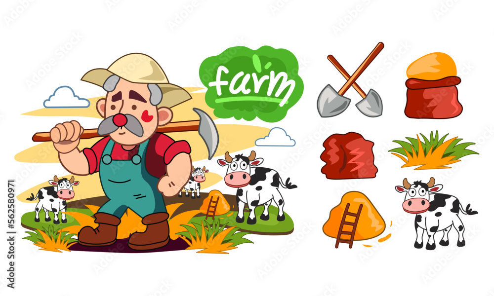 Fototapeta premium Hardworking Farmer with Cow and Barn Background. Vector illustrator 