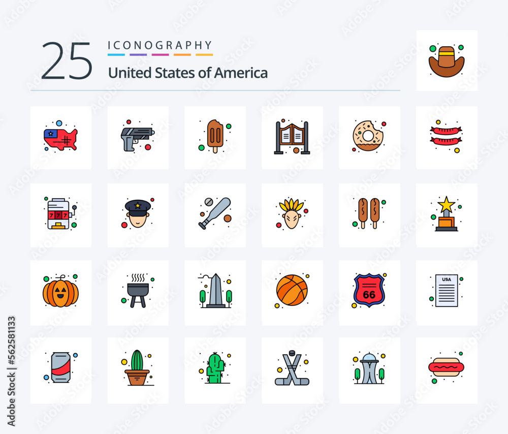 Usa 25 Line Filled icon pack including yummy. donut. ice cream. western. household