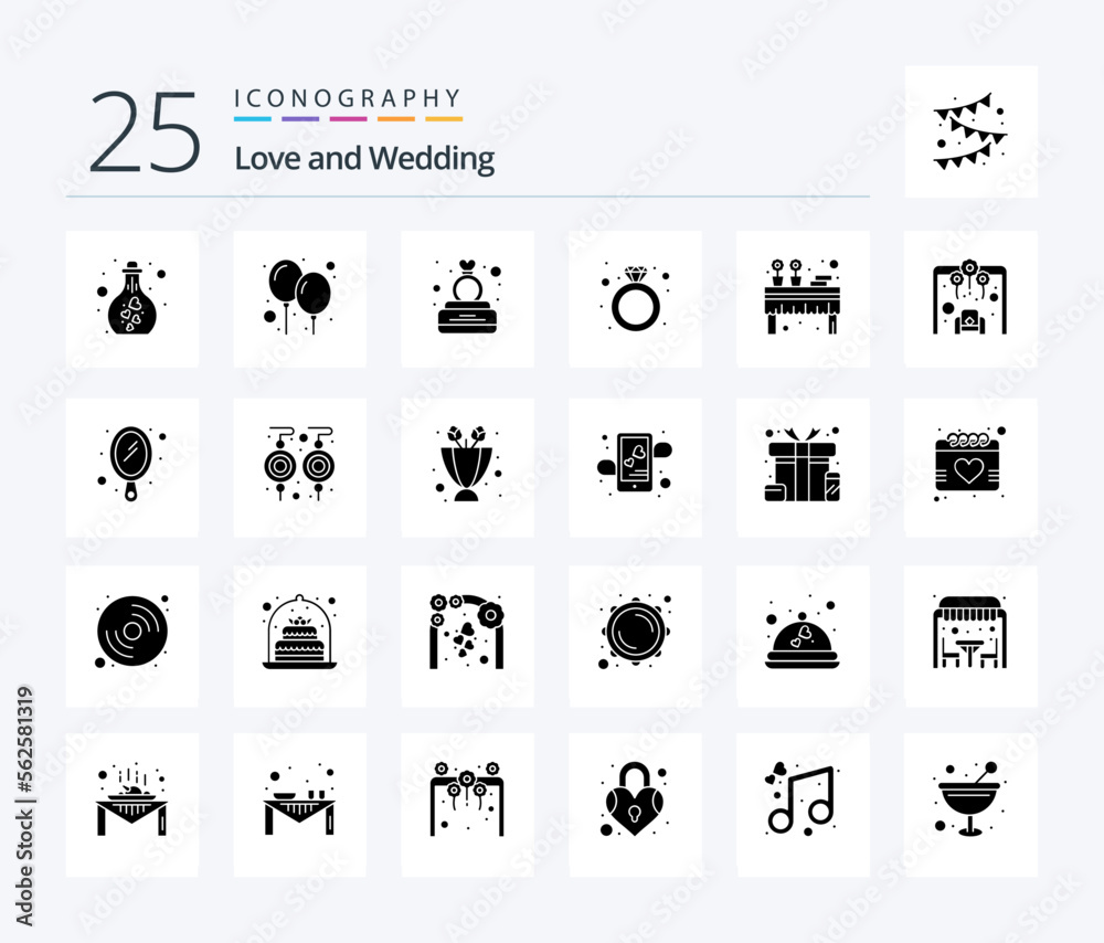 Wedding 25 Solid Glyph icon pack including banquet. jewelry. box. engagement. ring