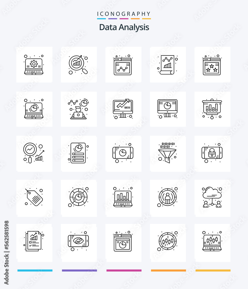 Creative Data Analysis 25 OutLine icon pack  Such As monitoring. business. seo. document. monitoring