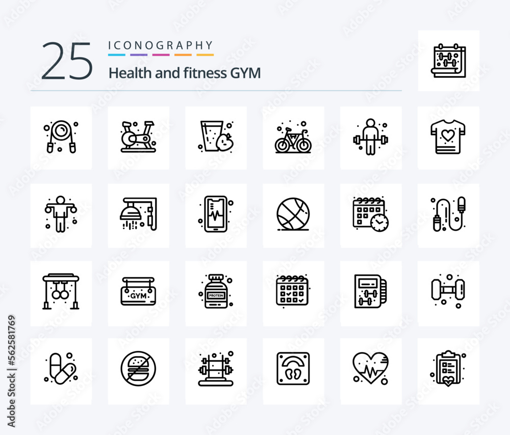 Gym 25 Line icon pack including exercise. gym. drink. cycle. bicycle