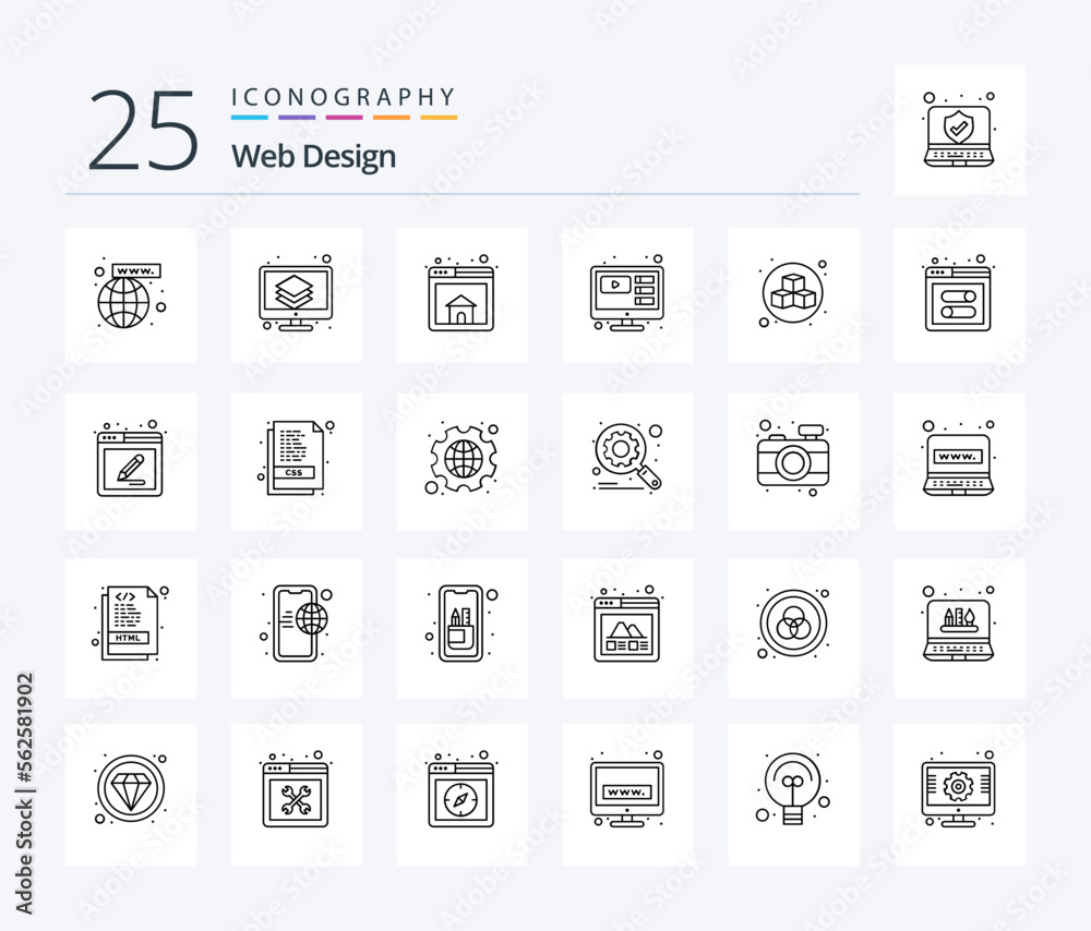 Web Design 25 Line icon pack including cubed design. 3d. browser. computer. tutorials
