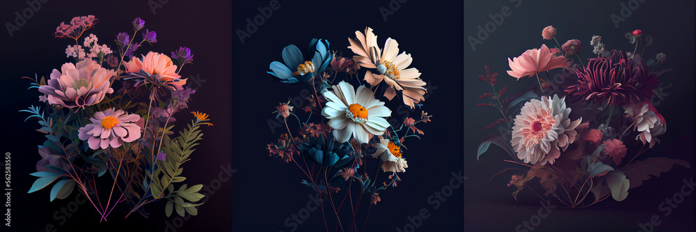 Obraz premium Dark tone illustration of beautiful flowers buquet, isolated composition, collection