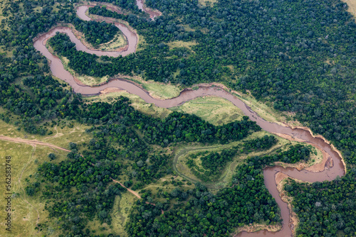 An aerial photo of the Mara River in Kenya