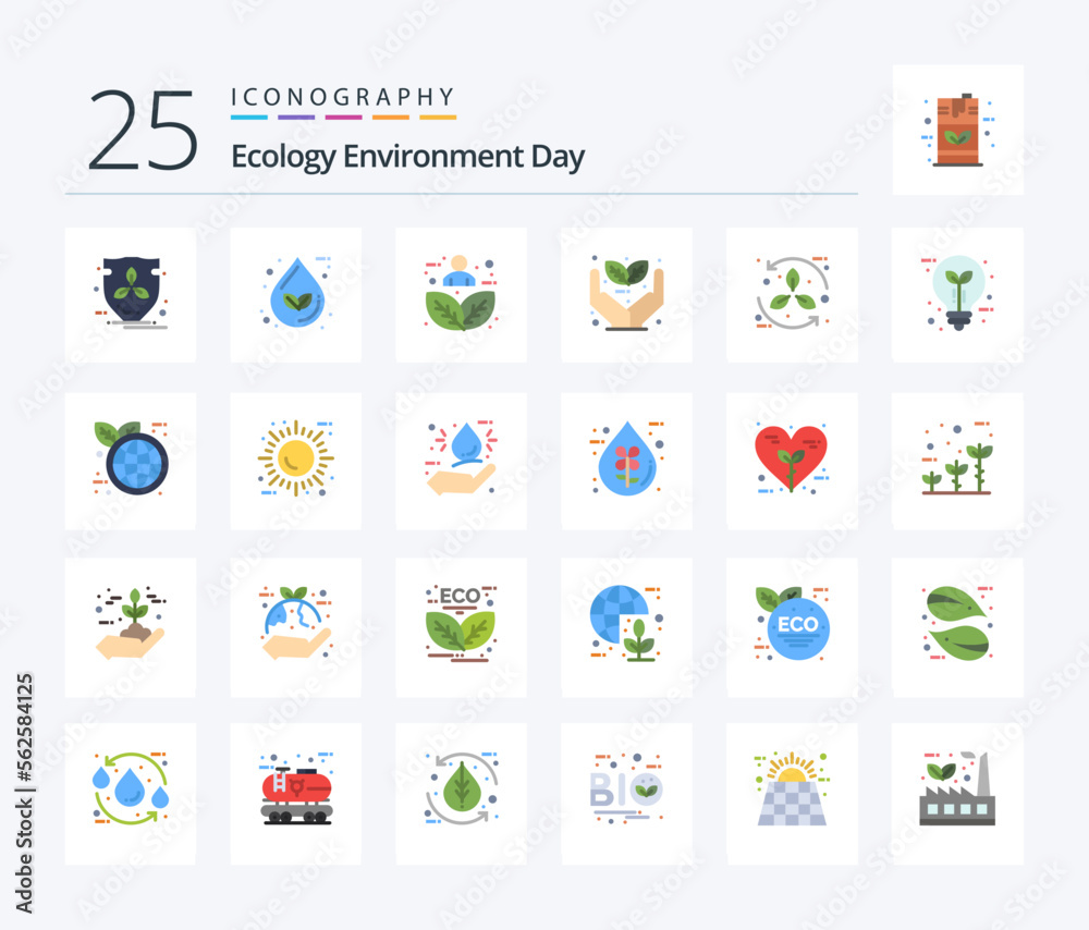 Ecology 25 Flat Color icon pack including plant. eco. water. growth. nature
