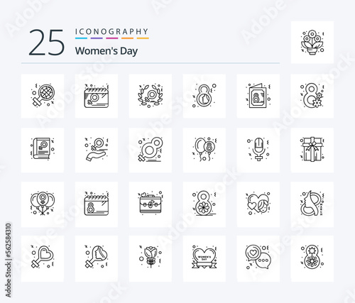 Womens Day 25 Line icon pack including card. symbol. women. female. day