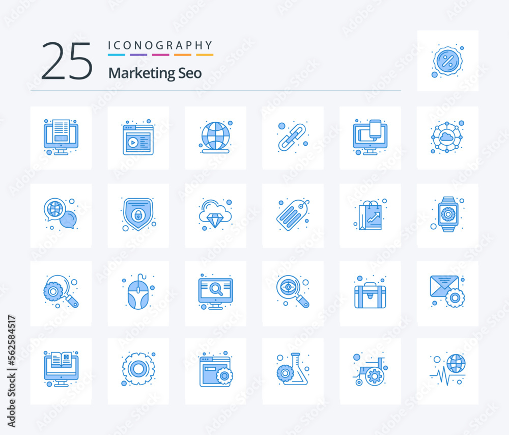 Marketing Seo 25 Blue Color icon pack including responsive. logical linking. campaign. linking. link
