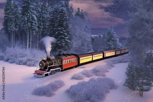 locomotive steam train driving through the snow, the polar express, scenic landscape generative ai