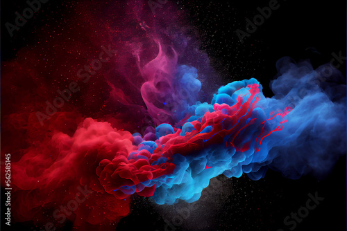 Blue and red neon multicolored smoke puff cloud design elements on a dark background - generative ai