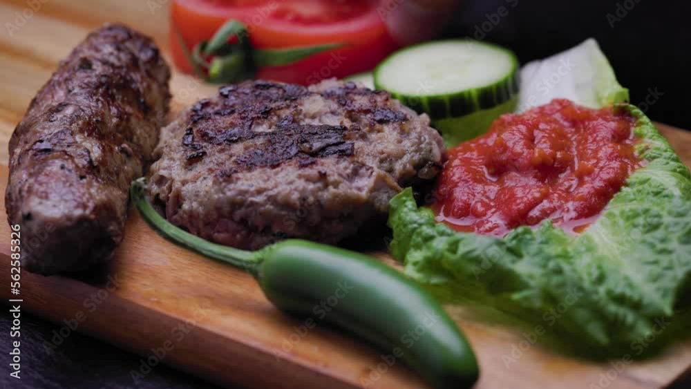 Placing tomato slice on a plate with traditional Bulgarian grilled meats Placing tomato slice on a plate with traditional Bulgarian grilled meats