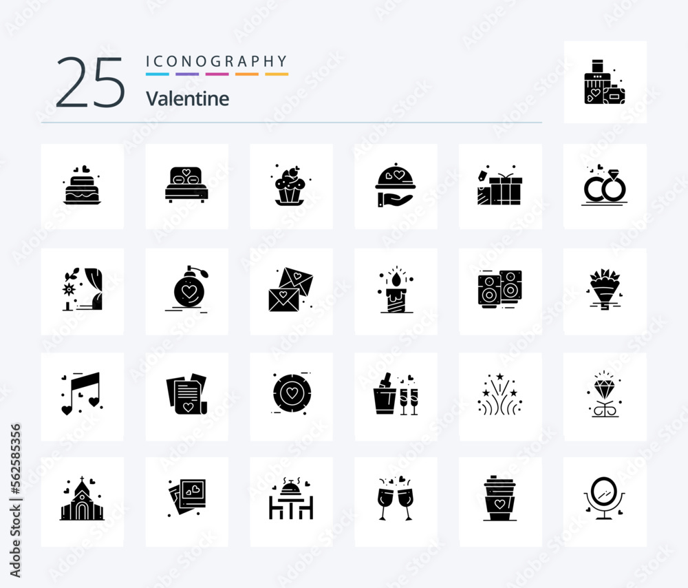 Valentine 25 Solid Glyph icon pack including cake. love. bed. day. valentine
