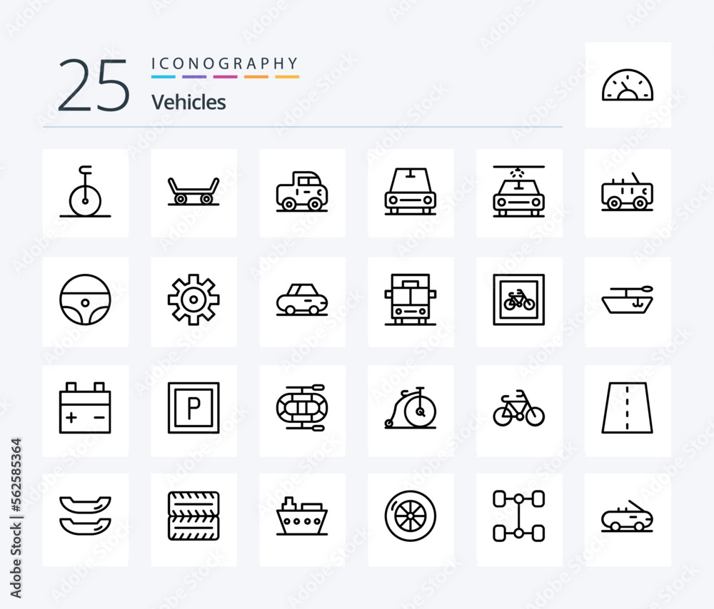 Vehicles 25 Line icon pack including steering. military. car. jeep. wash