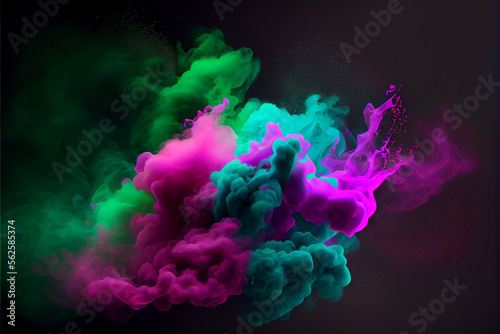 Neon green and pink multicolored smoke puff cloud design elements on a dark background - generative ai