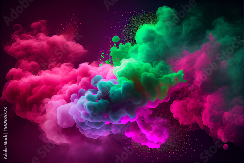 Neon green and pink multicolored smoke puff cloud design elements on a dark background - generative ai