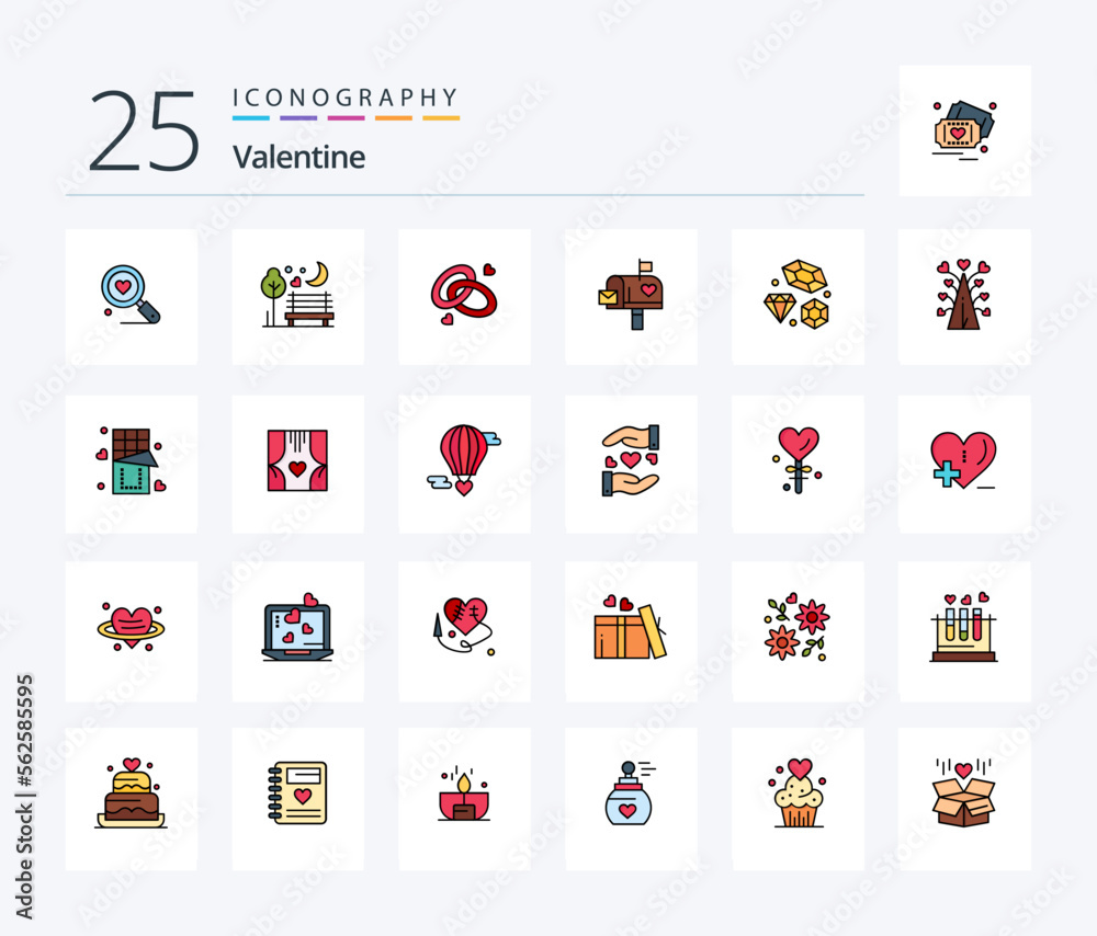 Valentine 25 Line Filled icon pack including letter. mail. park. mail box. engagment ring