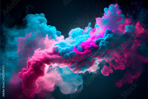 Psychedelic neon pink and blue multicolored smoke puff cloud design elements on a dark background - generative ai