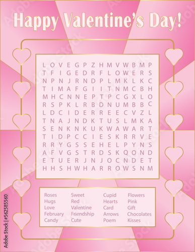 Happy Valentine's Word Search Puzzle, Love Theme, Pink and Gold Design