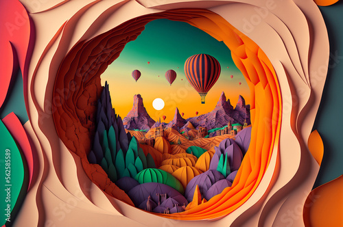 Concept travel Cappadocia Turkey, style illustration layered paper. Amazing colorful hot air balloon. Generation AI