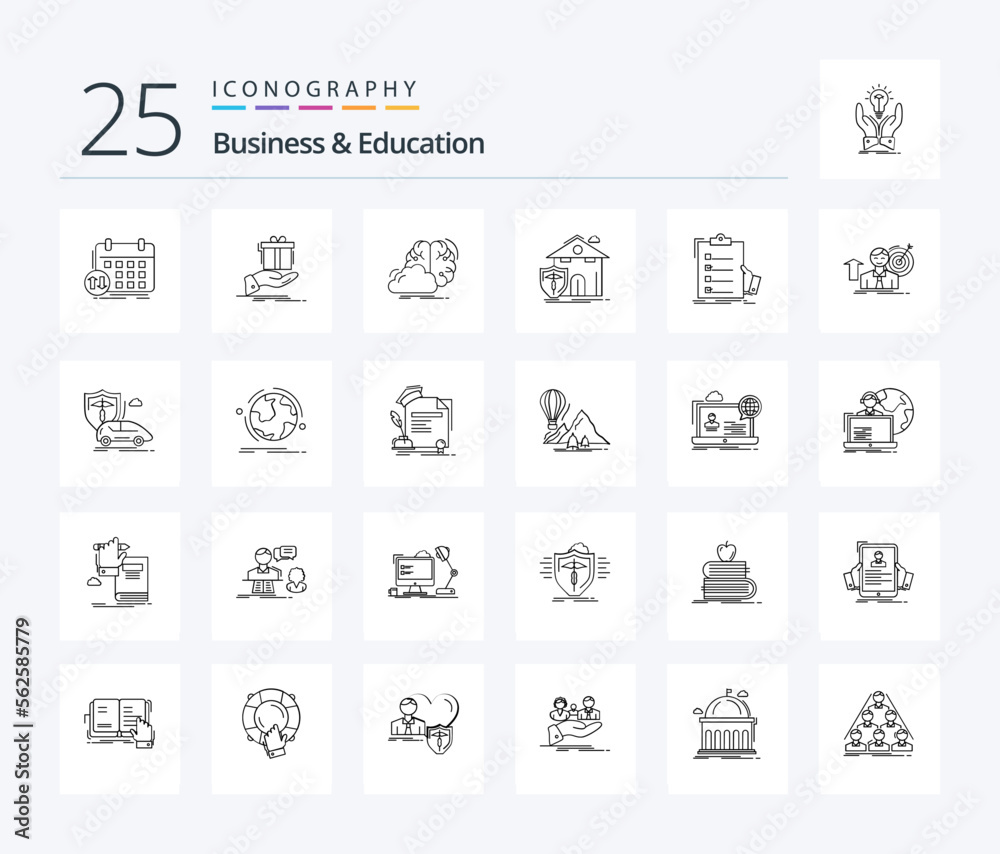 Business And Education 25 Line icon pack including house. insurance. idea. inspiration. idea
