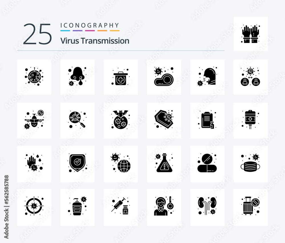 Virus Transmission 25 Solid Glyph icon pack including covid. transmission. emergency. meat. bacteria