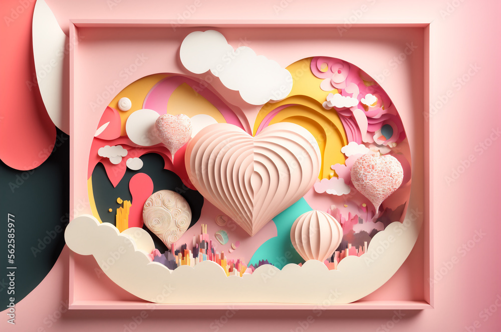 Valentine Day background pink color balloon with copy space. Style illustration layered paper. Generation AI Valentine Day background pink color balloon with copy space. Style illustration layered paper. Generation AI