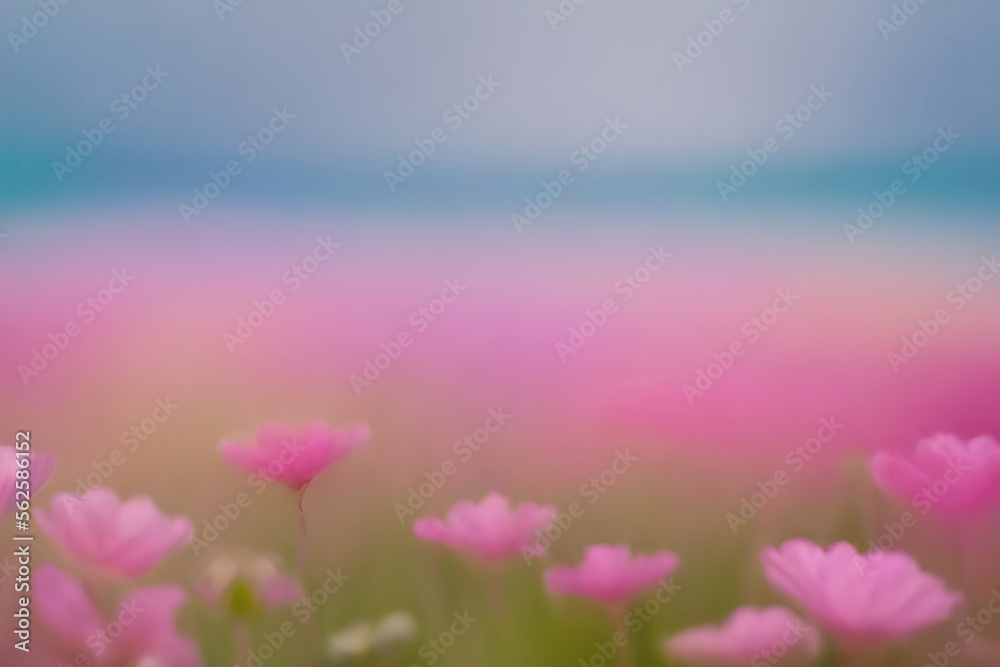 pink flowers in the morning in a wild field, soft focus, generative ai illustration with copy space