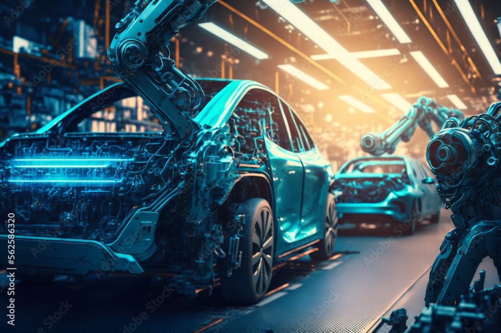 Manufacture Car factory, modern conveyor line. Automated robot arm, Industry construction, blue color with sunlight. Generation AI Manufacture Car factory, modern conveyor line. Automated robot arm, Industry construction, blue color with sunlight. Generation AI